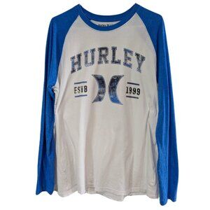 Hurley Men's Raglan Long Sleeve T-Shirt, White/Blue, Large, Distressed Graphic